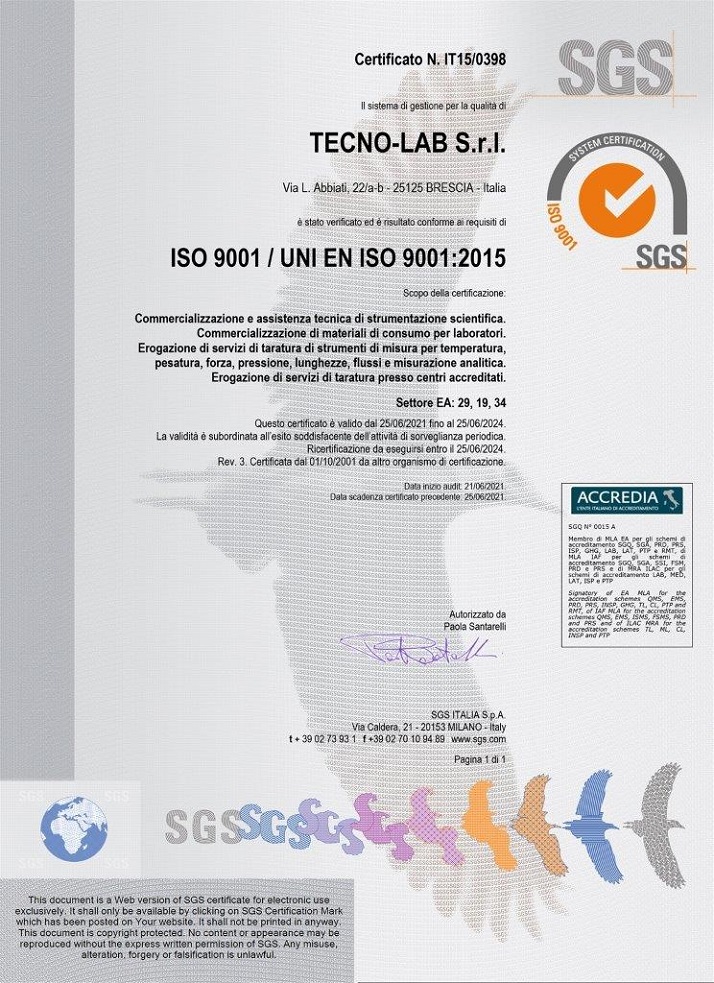 certificazioni - strumenti da laboratorio - TecnoLab